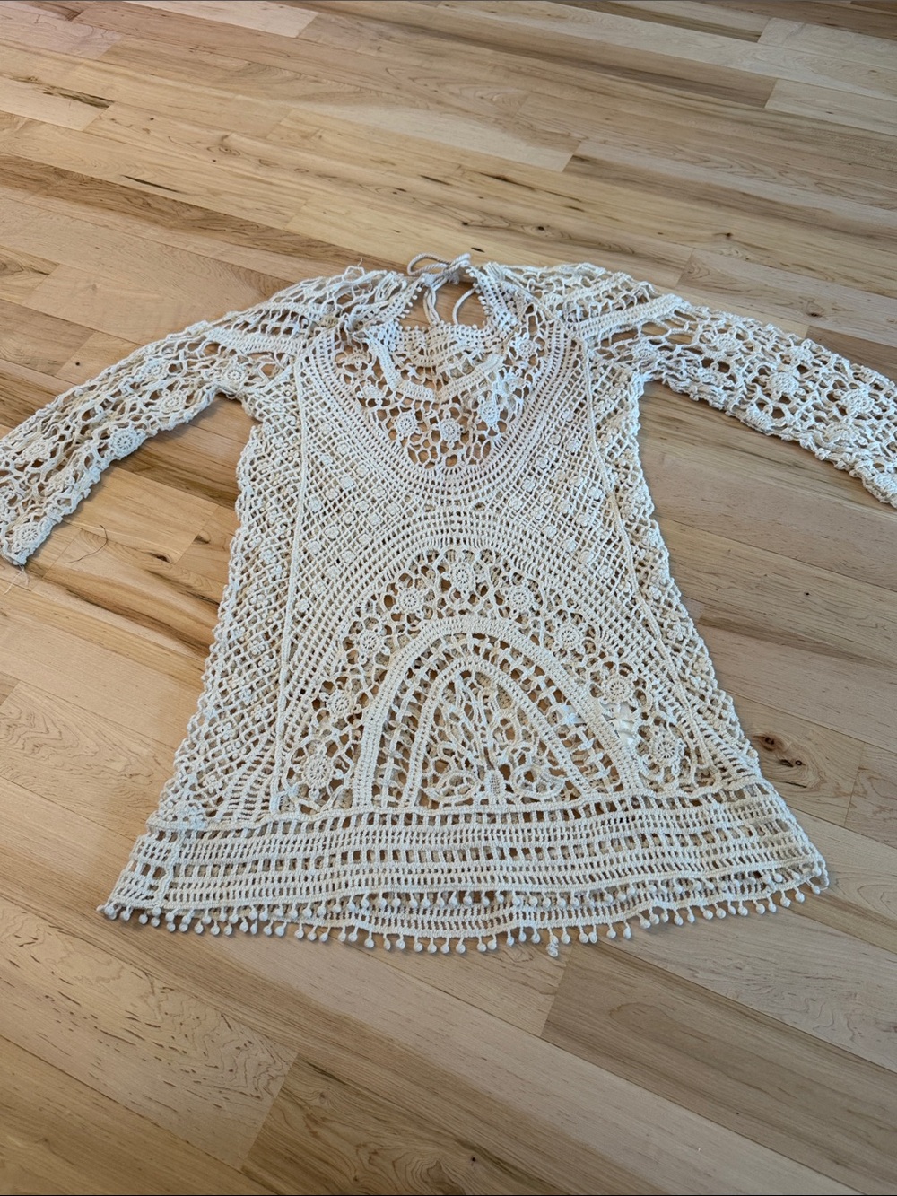 Boho Crochet Wide Neck Tie Back Cover Up Shirt Top-100% Cotton-S